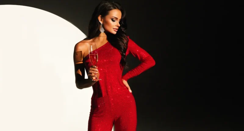 Elegant lady in a radiant red sequined one-shoulder jumpsuit with a cinched waist and fitted pants, holding a champagne glass at a classy event.