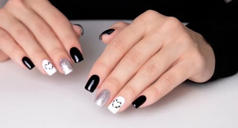 Modern square nails featuring a bold combination of black, white, and sparkling silver, with unique designs that include abstract lines and hearts, embodying a contemporary Valentine's Day style