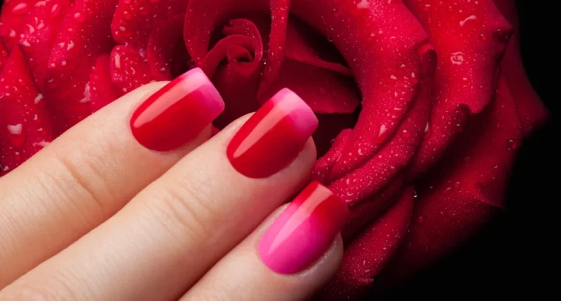 Nails with a stunning gradient design transitioning from a deep red to a bright pink, set against a vibrant red rose, symbolizing deep passion and romantic love