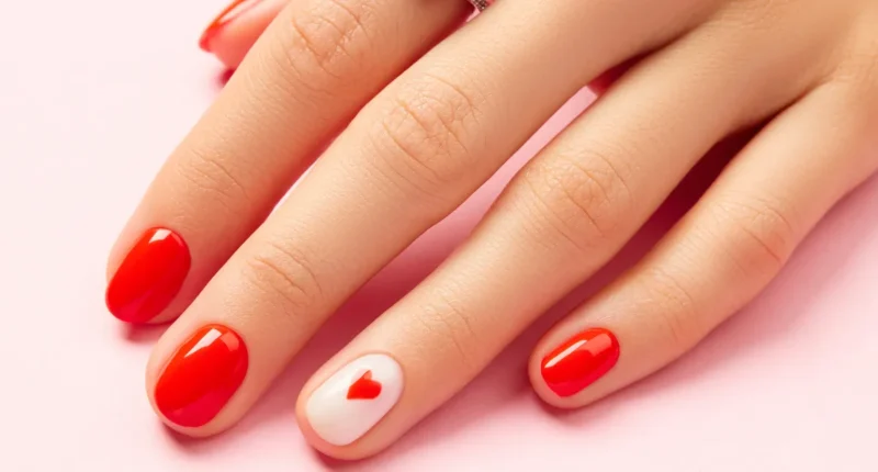 A blog header for '33 Cute Valentine’s Day Nails' featuring a pink background with white and star accents, inviting readers to explore romantic manicure ideas.