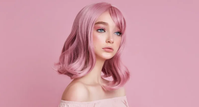 Pastel pink bob styled in loose waves, creating a whimsical and elegant look ideal for a trendy summer hairstyle